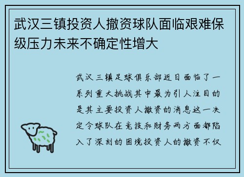 武汉三镇投资人撤资球队面临艰难保级压力未来不确定性增大